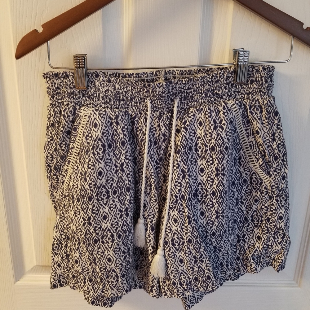 Briggs New York Printed Shorts Drawstring Tassel Blue Linen Blend Size Medium